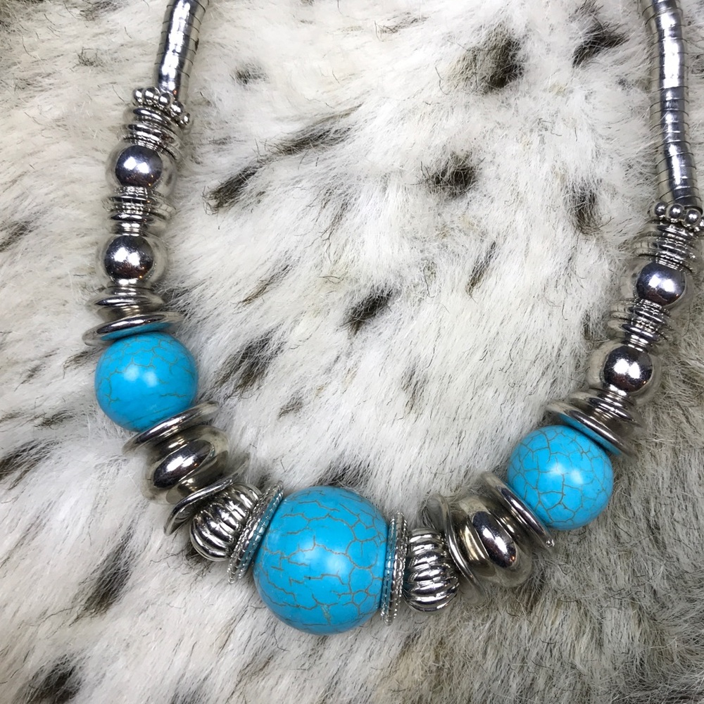 Silver Turquoise Ball Statement Statement Necklace - image 1